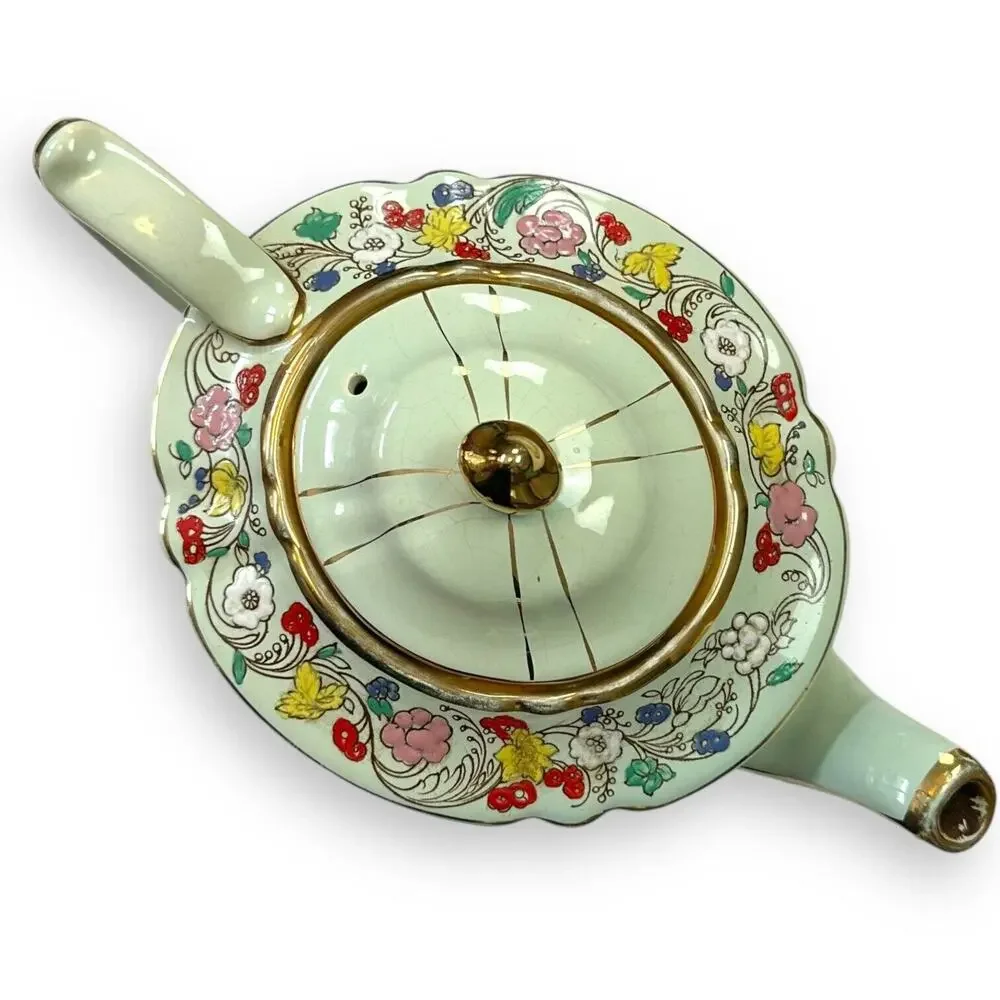 Sadler Teapot Vintage Made In England Green and Gold Guilded Floral Pattern